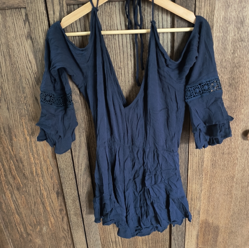 Aakaa Blue Cold Shoulder Romper With Lace Detailing